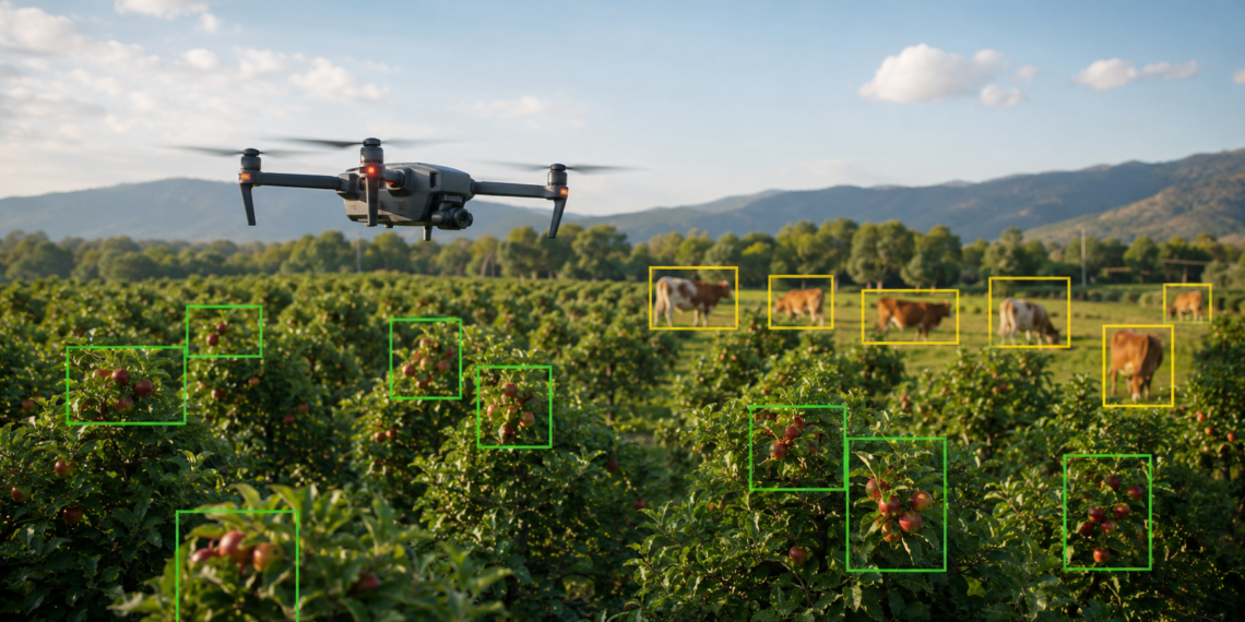 Drone sobre área agrícola com detecção de objetos por YOLO aplicada à agricultura, florestas e pecuária